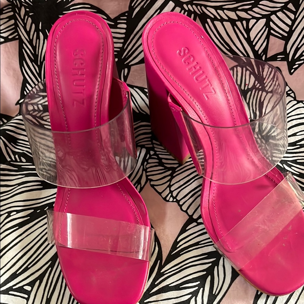 SCHUTZ Pink and White Heels with Clear Straps. Leather nice for any occasion